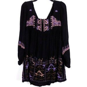 Free People Boho Black Mini Tunic Dress Size XS Rhiannon Embroidery Long Sleeve